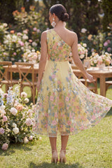 Floral Yellow One Shoulder A Line Midi Wedding Guest Dress