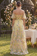 Off the Shoulder Floral Yellow High Low Wedding Guest Dress