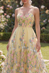 Floral Yellow A Line Embroidered Midi Wedding Guest Dress