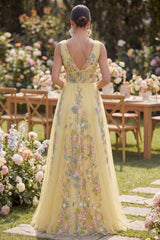 Yellow Floral Tulle A Line V Neck Embroidered Wedding Guest Dress