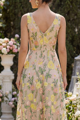 Floral A Line Champagne Midi Wedding Guest Dress