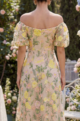 Champagne Off the Shoulder Floral A Line Wedding Guest Dress