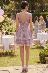 Tiered Lilac Embroidered Floral Mini Wedding Guest Dress