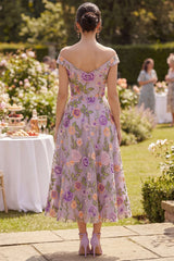 Off the Shoulder A Line Embroidered Floral Lilac Wedding Guest Dress