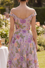 Off the Shoulder A Line Embroidered Floral Lilac Wedding Guest Dress