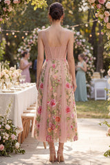 A Line Corset Blush Floral Embroidered Midi Wedding Guest Dress