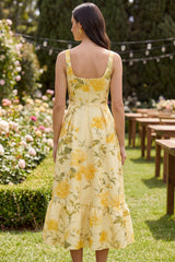 A Line Printed Yellow Midi Wedding Guest Dress