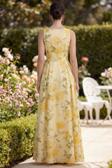 Yellow A Line Printed Bowed Wedding Guest Dress with Slit