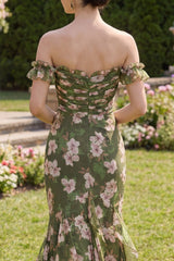 Mermaid Dark Green Off the Shoulder Ruffled Floral Wedding Guest Dress