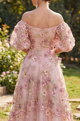 Off the Shoulder A Line Floral Pink Maxi Wedding Guest Dress