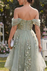Off the Shoulder Corset Dusty Green Floral A Line Wedding Guest Dress