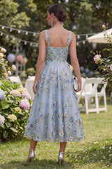Floral Blue Appliqued A Line Ruched Midi Wedding Guest Dress
