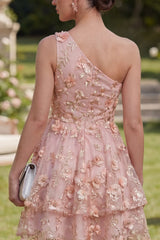 One Shoulder Floral Pink Appliqued A Line Tiered Wedding Guest Dress