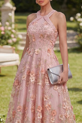 Halter Cut Out Floral Pink Appliqued A Line Wedding Guest Dress