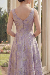 Boat Neck Floral Brocade Dusty Lilac A Line Midi Wedding Guest Dress