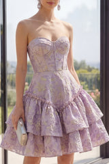 Strapless Ruffled Floral Corset Dusty Lilac A Line Wedding Guest Dress