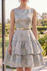 Tiered Floral Dusty Blue A Line Wedding Guest Dress with Belt