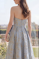 Strapless Dusty Blue Floral A Line Ruched Wedding Guest Dress with Bow