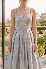 Dusty Blue Floral A Line Pleated Maxi Wedding Guest Dress