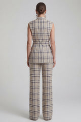Grey Grid 2 Piece Peaked Lapel Women's Linen Suits with Pockets