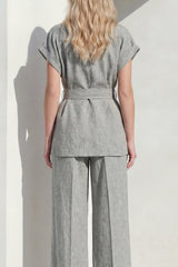 2 Piece Grey Short Sleeve Women's Linen Suits with Belt