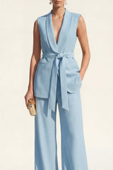 Blue 2 Piece Shawl Lapel Sleeveless Women's Linen Suits with Sash