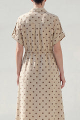 Polka Dot A Line Khaki Midi Work Dress with Short Sleeves