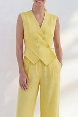 Yellow 2 Piece V Neck Sleeveless Women's Linen Suits