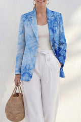 Blue 2 Piece Notched Lapel Printed Women's Linen Suits