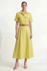 Yellow A Line Short Sleeve Midi Work Dress with Belt