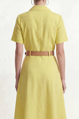 Yellow A Line Short Sleeve Midi Work Dress with Belt
