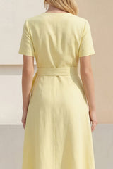 Short Sleeve Light Yellow A Line Midi Work Dress with Belt