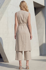 Khaki 2 Piece Sleeveless Women's Linen Suits with Sash