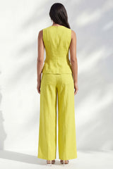 Yellow 2 Piece Round Neck Women's Linen Suits