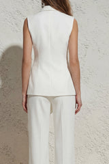 Notched Lapel White Sleeveless Women Suits with Sash