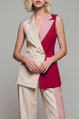 Notched Lapel ColorBlock Light Khaki 2 Piece Sleeveless Women Suits