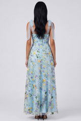 Blue Floral A Line Corset Embroidered Bowed Wedding Guest Dress