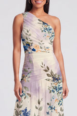 Ivory One Shoulder Ruched Printed A Line Wedding Guest Dress