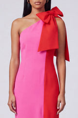 One Shoulder Bodycon ColorBlock Fuchsia and Red Formal Dress