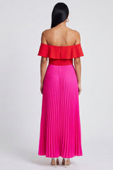 Off the Shoulder Pleated Ruffled ColorBlock Fuchsia and Red Formal Dress