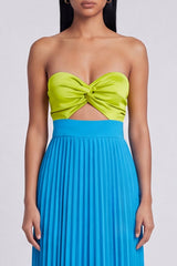 Strapless Green and Blue ColorBlock Pleated A Line Formal Dress