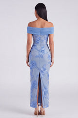 Blue Off the Shoulder Appliqued Bodycon Wedding Guest Dress