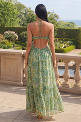Halter Cut Out Dusty Green A Line Pleated Wedding Guest Dress
