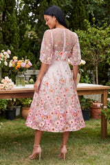 Floral Pink Round Neck A Line Midi Wedding Guest Dress