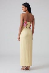 Strapless Light Yellow Printed Sheath Wedding Guest Dress