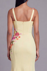 Floral Light Yellow Appliqued Mermaid Wedding Guest Dress