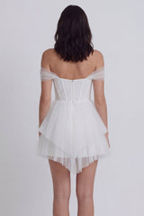 Off the Shoulder Corset A Line Tulle Mini White Dress