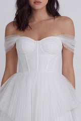 Off the Shoulder Corset A Line Tulle Mini White Dress