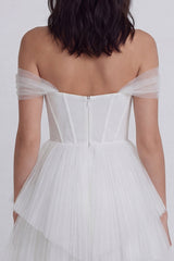 Off the Shoulder Corset A Line Tulle Mini White Dress