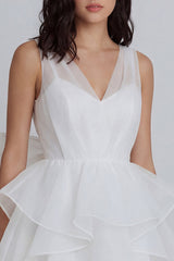 A Line Ruffled V Neck Mini White Dress with Bow